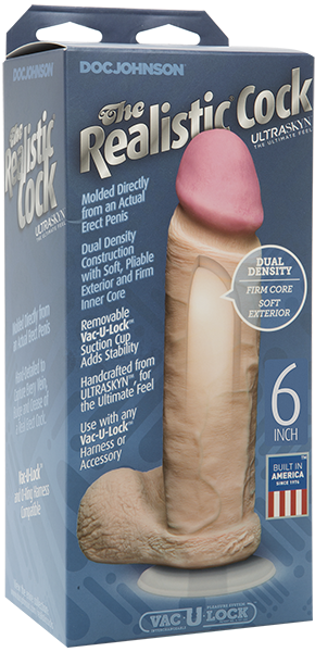 A realistic, flesh-colored 6-inch dildo with a suction cup base, packaged in a box.