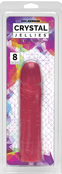 The image shows the packaging of Doc Johnson's Crystal Jellies Classic 8" Textured Veins Body-Safe. The product is visible through a transparent window, displaying a red, veiny textured dildo.