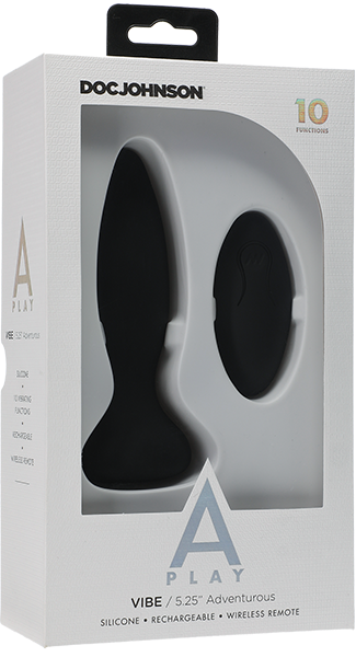 The product image shows a black silicone anal plug with a wide base. The packaging displays 'Doc Johnson' branding and indicates that the product is part of the A-Play line, featuring 10 vibration functions.