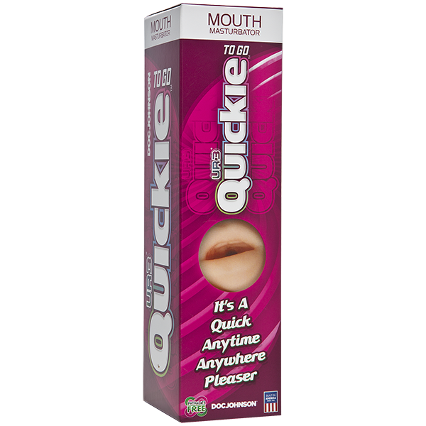 The product is a cylindrical masturbator in a pink and white packaging, labeled 'MOUTH' on the top, indicating it is designed to emulate the mouth sensation. The packaging highlights its portability and convenience for quick satisfaction anywhere, any time.