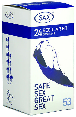 Packaging box of SAX Regular Condoms with a nominal width of 53mm. The box is predominantly white with blue accents and text, and an illustration of a blue splash, symbolizing semen.
