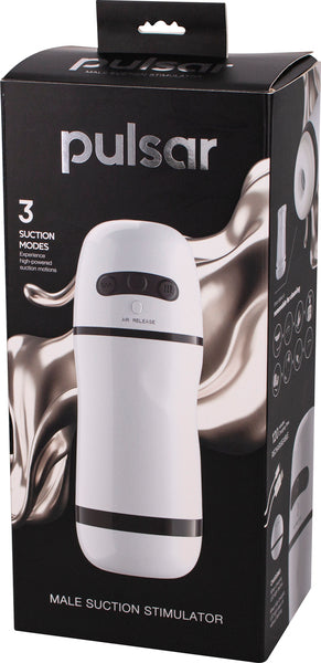 The product image shows the packaging of the Seven Creations Pulsar Male Stimulator. The box is predominantly black and white with an image of the white suction stimulator inside it.