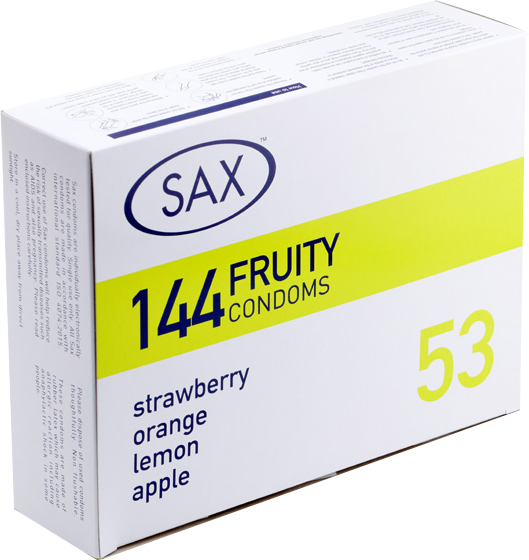 Packaging box for Sax Fruity Condoms with a count of 144 and flavor options listed as strawberry, orange, lemon, and apple.