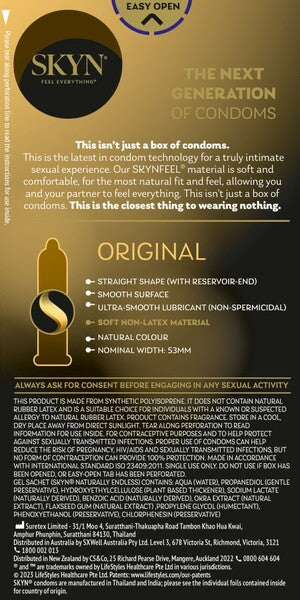 SKYN Original Straight Fit Smooth Texture Lubricated (not spermicidal) 53mm - Pack of 20