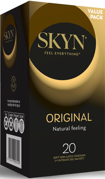 Packaging box of SKYN Original Straight Fit Smooth Texture Lubricated Condoms, with a value pack label, in a black and gold color scheme.