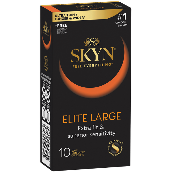 A box of SKYN Elite Large condoms, indicating ultra-thin and ultra-soft design with a straight shape and reservoir-end, smooth surface, and pleasant scent.