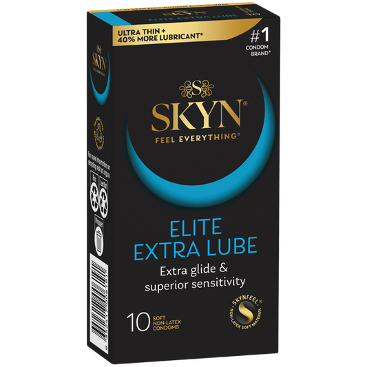 A box of Lifestyles Elite Extra Lube condoms, featuring a black and blue design with product information and branding.