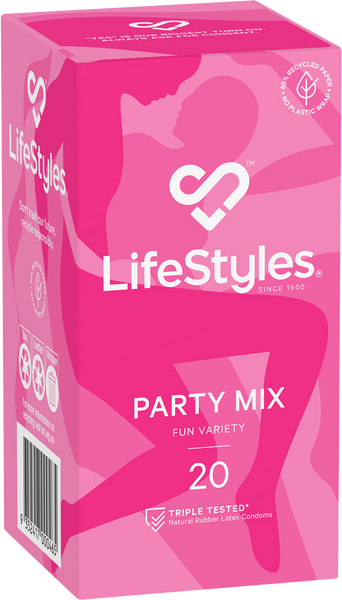 Packaging for LifeStyles Party Mix condoms featuring various condoms with different colors, flavors, and textures.