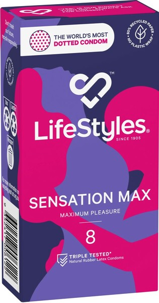 Packaging for LifeStyles Sensation Max 53mm condoms featuring a purple and pink design with product information.