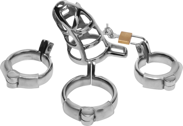 Xr Brands Chastity Cock Cage - Rust Resistant Steel Locking Hinged Ring Short Cage