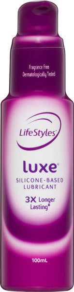 A purple bottle of LifeStyles Luxe Silicone Personal Lubricant, 100ml.