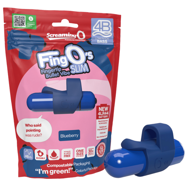 The product image shows the Screaming O FingO's Slim 4B Low Pitch Bass Finger Bullet in blue color, both in its packaging and separately. The packaging is predominantly red with product information and branding.