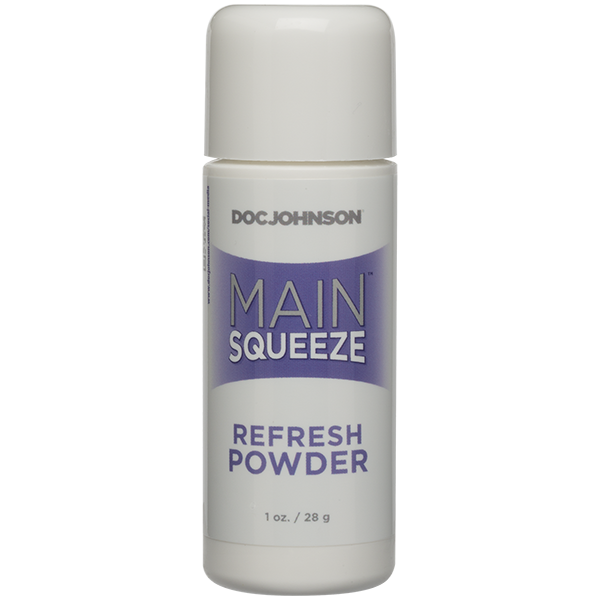 A white bottle with a purple label that reads 'Doc Johnson MAIN SQUEEZE Refresh Powder'.