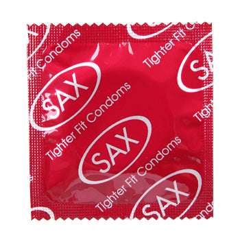 Packaging of SAX Tighter Fit Condoms in red color with brand logo and product information.