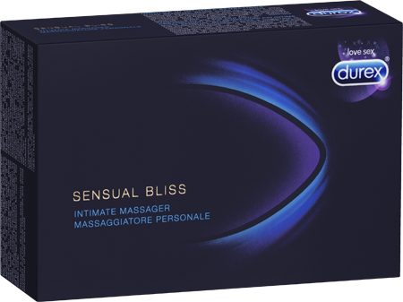 The product image shows the packaging of the Durex Sensual Bliss Intimate Massager. The box is predominantly dark with a sleek, curved design highlighted in blue, reflecting the massager's smooth and flowing appearance.