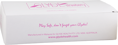 Packaging box of GLYDE Ultra Latex Condoms in Strawberry Pink color. The box is white with pink text and detailing, and features the GLYDE logo.