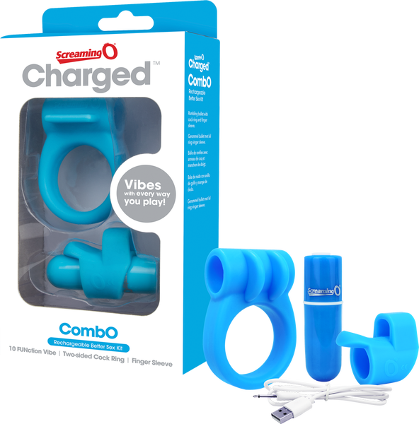 The image shows the Screaming O Combo Kit #1, which includes a blue two-sided cock ring, a blue fingertip sleeve, and a blue rechargeable bullet vibrator, all displayed in their packaging.
