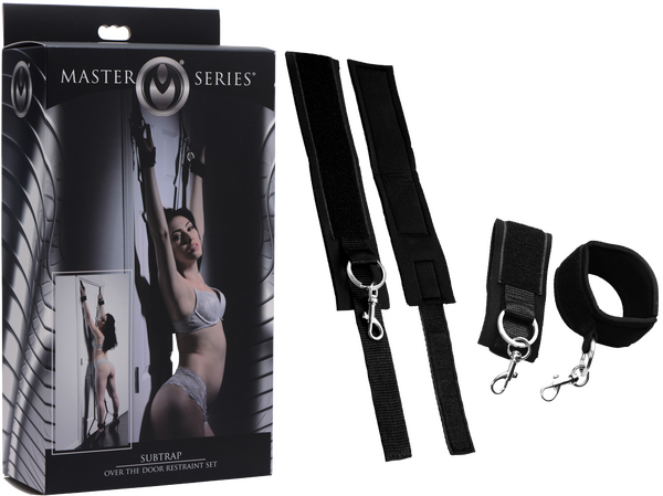A set of black adult bondage restraints, including neoprene cuffs and solid ABS dowels for securing over a door, displayed alongside its packaging.