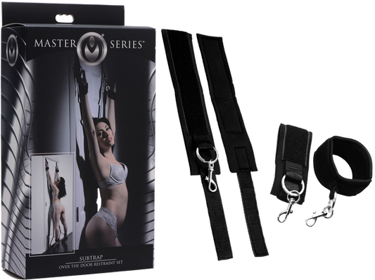 A set of black adult bondage restraints, including neoprene cuffs and solid ABS dowels for securing over a door, displayed alongside its packaging.