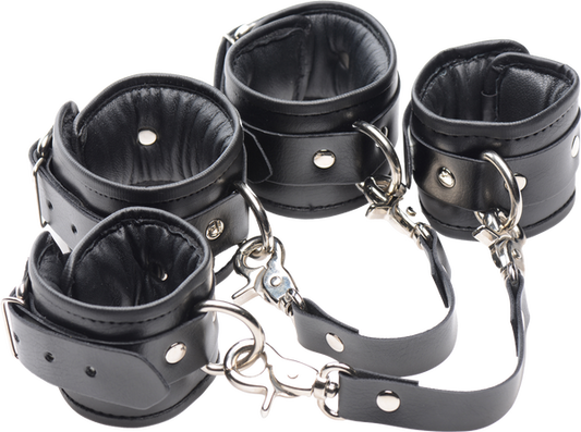 A set of black PU leather ankle cuffs with adjustable straps and heavy-duty hardware.