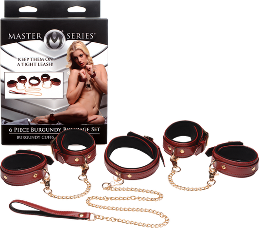 A 6-piece burgundy and gold bondage set including wrist cuffs, ankle cuffs, a collar, a leash, and golden chains with nickel-free metal. The product is displayed with a box showing a model wearing the set.