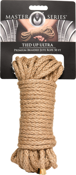 A bundle of braided brown jute rope, approximately 50ft in length, with packaging indicating it is the 'Master Series Tied Up Ultra Premium Braided Jute Rope' by XR Brands.