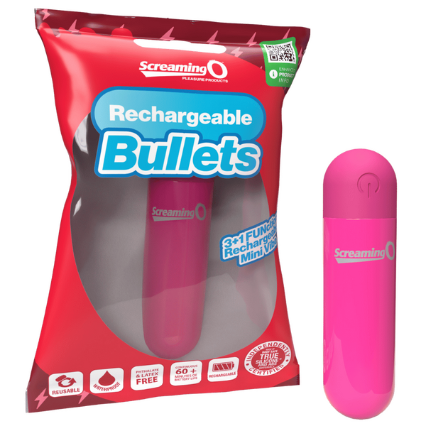 A pink rechargeable bullet vibrator is shown alongside its red packaging, which reads 'Rechargeable Bullets.' The product is compact and sleek, with a single button on the front.