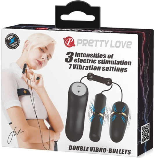 The product image shows the packaging of Pretty Love Pretty Love Double Vibro Electric Stimulation Bullets. The box features an image of a woman holding the product, which includes two black bullet-shaped vibrators and a silicone egg with wires connecting them.