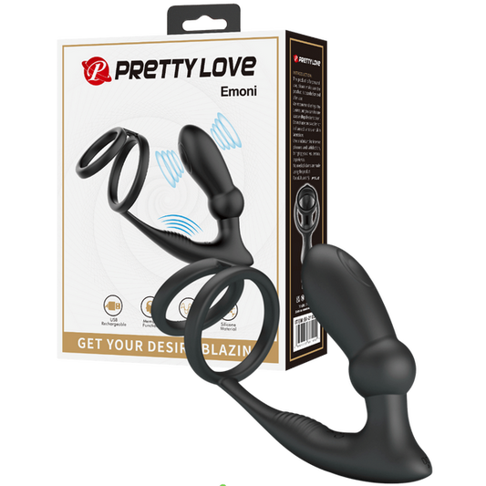 Pretty Love Emoni Vibro Cock Ring with Butt Plug 12 Function Double Motor Rechargeable