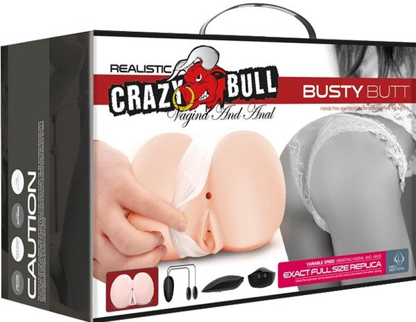 The product image shows the packaging of the Crazy Bull Busty Butt Vagina and Anal Stimulator. The box displays a realistic replica of the product alongside its features and the brand name.