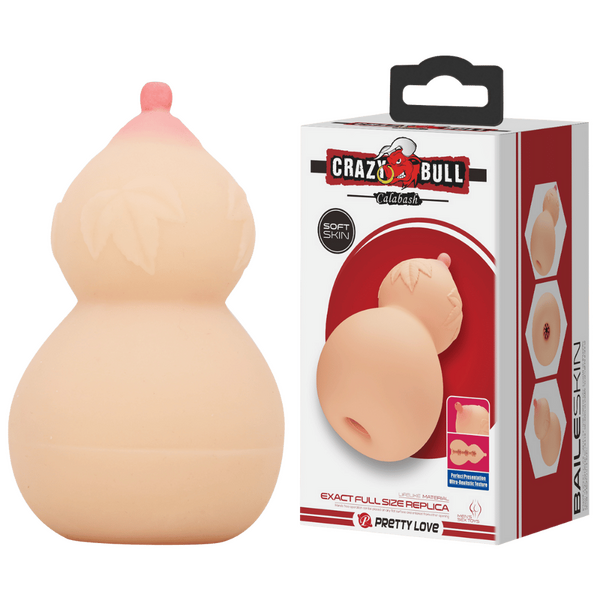 A flesh-colored male masturbator designed to resemble a calabash gourd, along with its packaging that indicates it's the 'Pretty Love Calabash' from Crazy Bull. The box shows the product and its name, highlighting its ergonomic breast shape top.