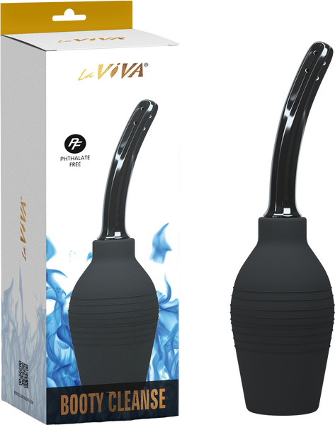 The image shows the LaViva Premium Booty Cleanse enema bag with its packaging. The enema bag is black with a curved tip, and the packaging is predominantly white with blue accents and the product name clearly displayed.