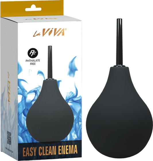 The image shows a black silicone enema bag with a flexible tube and a handle, alongside its packaging box which has 'LaViva' branding and the product name 'Easy Clean Enema'.