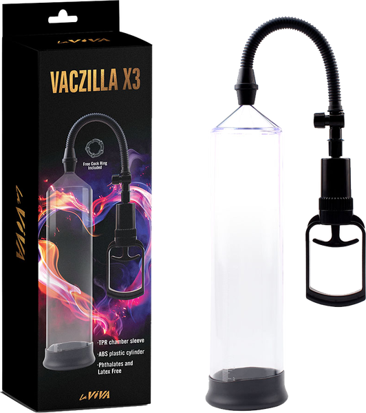 The product image shows the LaViva Vaczilla X3 TPR Chamber Sleeve Penis Pump. The pump consists of a clear TPR chamber, a black ABS plastic cylinder, and a black grip trigger handle.