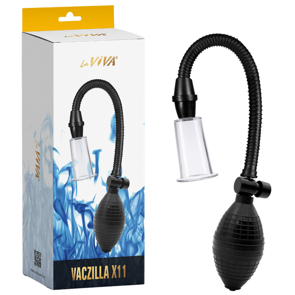 The image shows the LaViva Vaczilla X11 Nipple Pump with its packaging. The pump has a black cylinder and a clear bulb with a flexible tube and a valve.