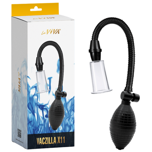 The image shows the LaViva Vaczilla X11 Nipple Pump with its packaging. The pump has a black cylinder and a clear bulb with a flexible tube and a valve.