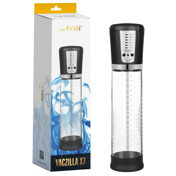 The image shows the LaViva Vaczilla X7 USB Electronic Penis Pump. The pump itself is clear with measurement markings, and there's a black controller with a digital display and buttons.