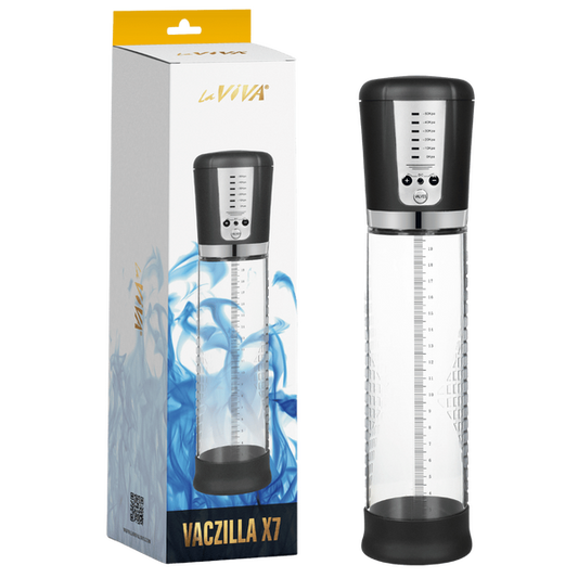 The image shows the LaViva Vaczilla X7 USB Electronic Penis Pump. The pump itself is clear with measurement markings, and there's a black controller with a digital display and buttons.