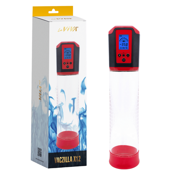 The product image shows the LaViva Vaczilla X12 USB Electronic Penis Pump. It includes the pump cylinder, a controller with an LCD screen, a penis ring, and the product packaging box.