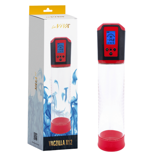 The product image shows the LaViva Vaczilla X12 USB Electronic Penis Pump. It includes the pump cylinder, a controller with an LCD screen, a penis ring, and the product packaging box.