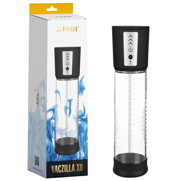 The image shows the LaViva Vaczilla X8 USB Electronic Penis Pump. The product is displayed alongside its packaging, which features blue flames.