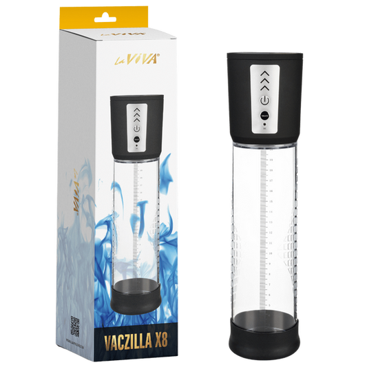 The image shows the LaViva Vaczilla X8 USB Electronic Penis Pump. The product is displayed alongside its packaging, which features blue flames.