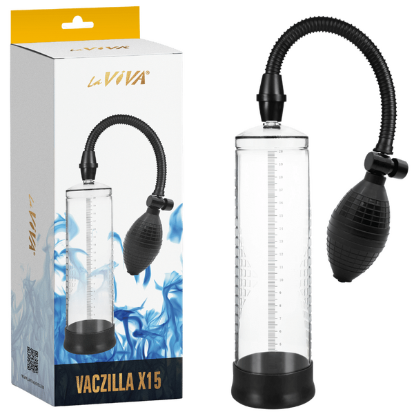 The image shows the Vaczilla X15 Original Bulb Design Penis Pump. The pump includes a clear silicone chamber, a black bulb pump, and a black penis ring.