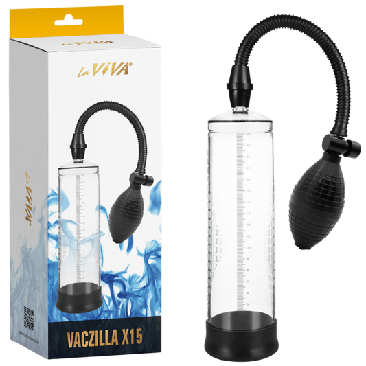 The image shows the Vaczilla X15 Original Bulb Design Penis Pump. The pump includes a clear silicone chamber, a black bulb pump, and a black penis ring.