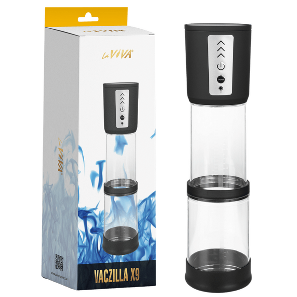 The product image shows the LaViva Vaczilla X9 USB Electronic Foldable Penis Pump. It includes the pump itself, which is predominantly clear with black controllers and pressure adjustment knobs, and the product packaging box which has 'LaViva' branding and 'VACZILLA X9' text.