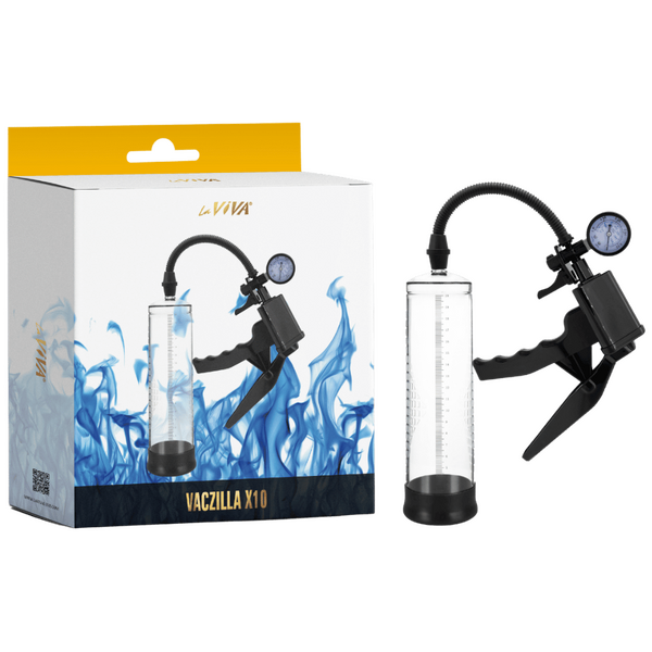 The image shows the LaViva Vaczilla X10 Trigger Gauge Hand Grip Penis Pump. It includes the pump itself, which is predominantly clear with black hand grip controller, and a box with the product branding and image.