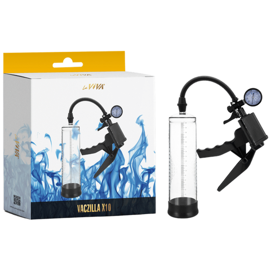 The image shows the LaViva Vaczilla X10 Trigger Gauge Hand Grip Penis Pump. It includes the pump itself, which is predominantly clear with black hand grip controller, and a box with the product branding and image.