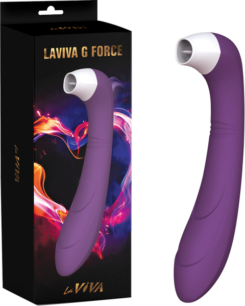 A purple LaViva G Force Ultimate Tickler with a sleek design. The product is shown both inside and outside of its packaging.