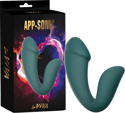 A waterproof vibrator with a sleek, curved design shown alongside its packaging which highlights the app-sonic feature and 10 modes.