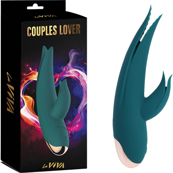 The product image shows the LaViva Couples Lover in a teal color, an adult toy with dual ends for multiple pleasure points. The toy appears sleek and modern, designed for intimate use.